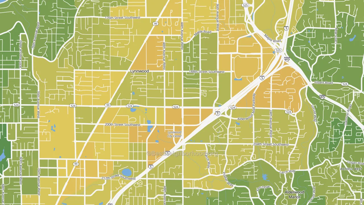 Map of the best neighborhoods in the Downtown Lynnwood, Lynnwood area, with better matches in green and worse matches in red