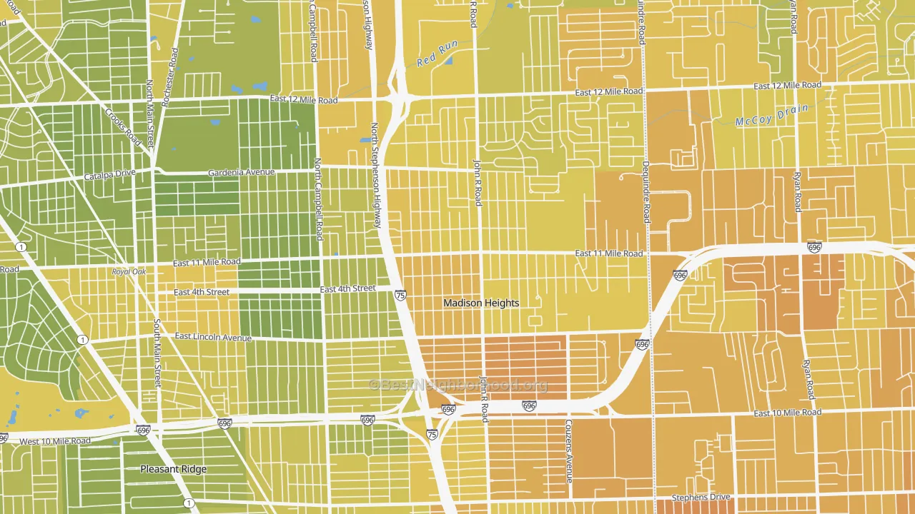 Map of the best neighborhoods in the Downtown Madison Heights, Madison Heights area, with better matches in green and worse matches in red