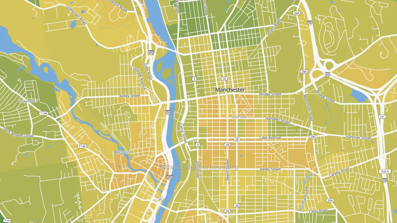 Map of the best neighborhoods in the Downtown, Manchester area, with better matches in green and worse matches in red