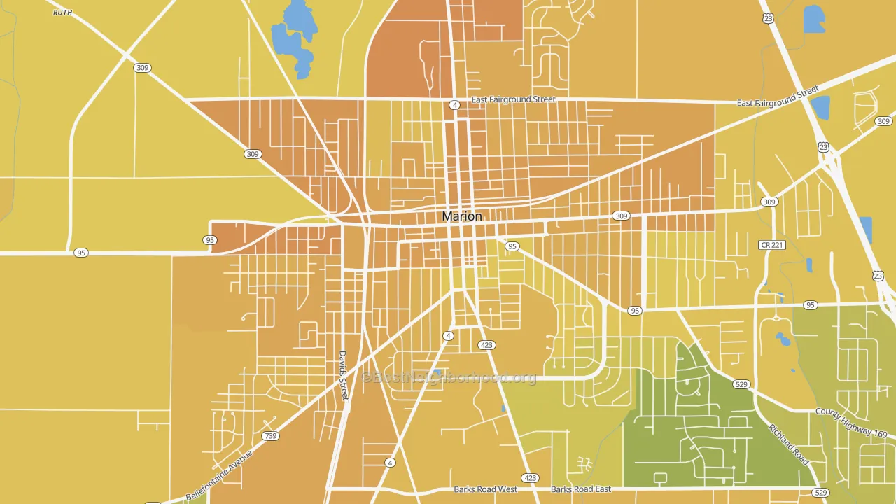 Map of the best neighborhoods in the Downtown Marion, Marion area, with better matches in green and worse matches in red