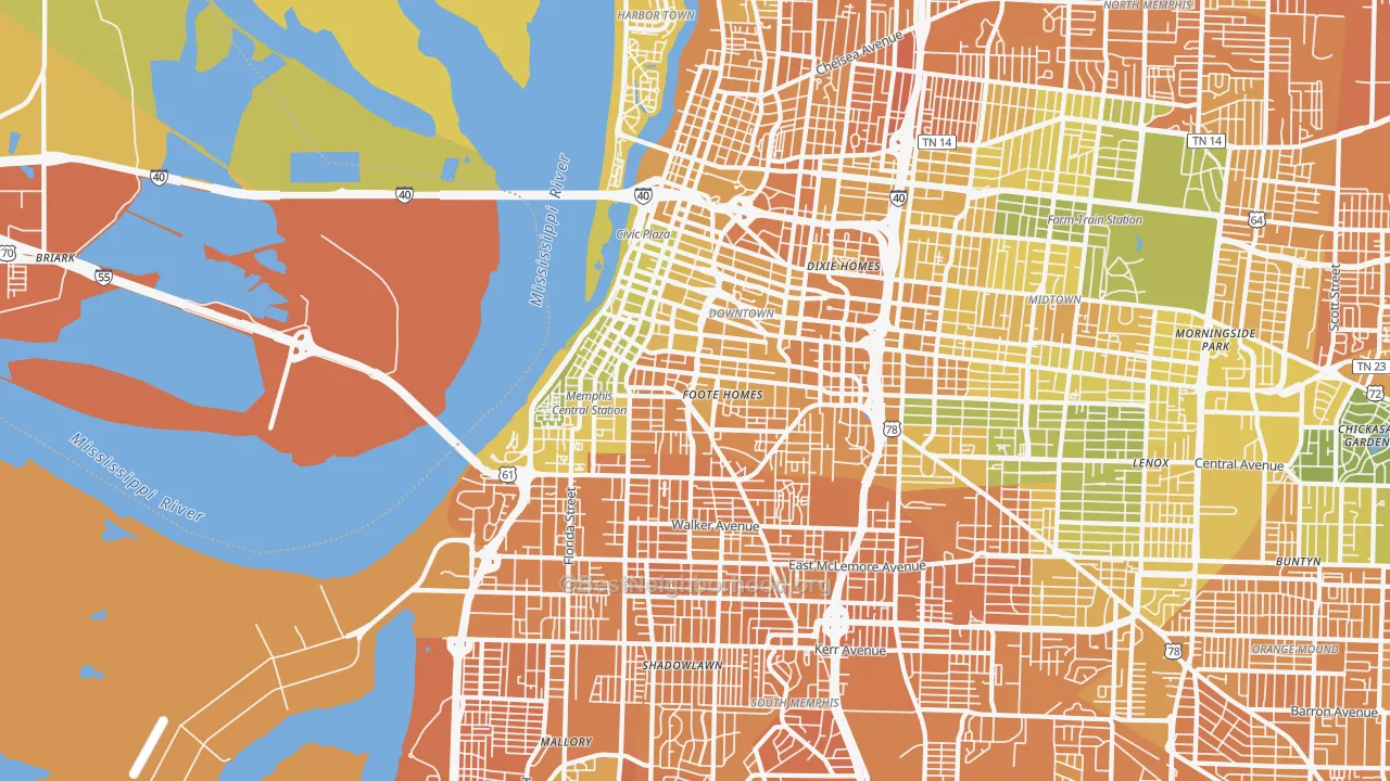 Map of the best neighborhoods in the Downtown Memphis, Memphis area, with better matches in green and worse matches in red