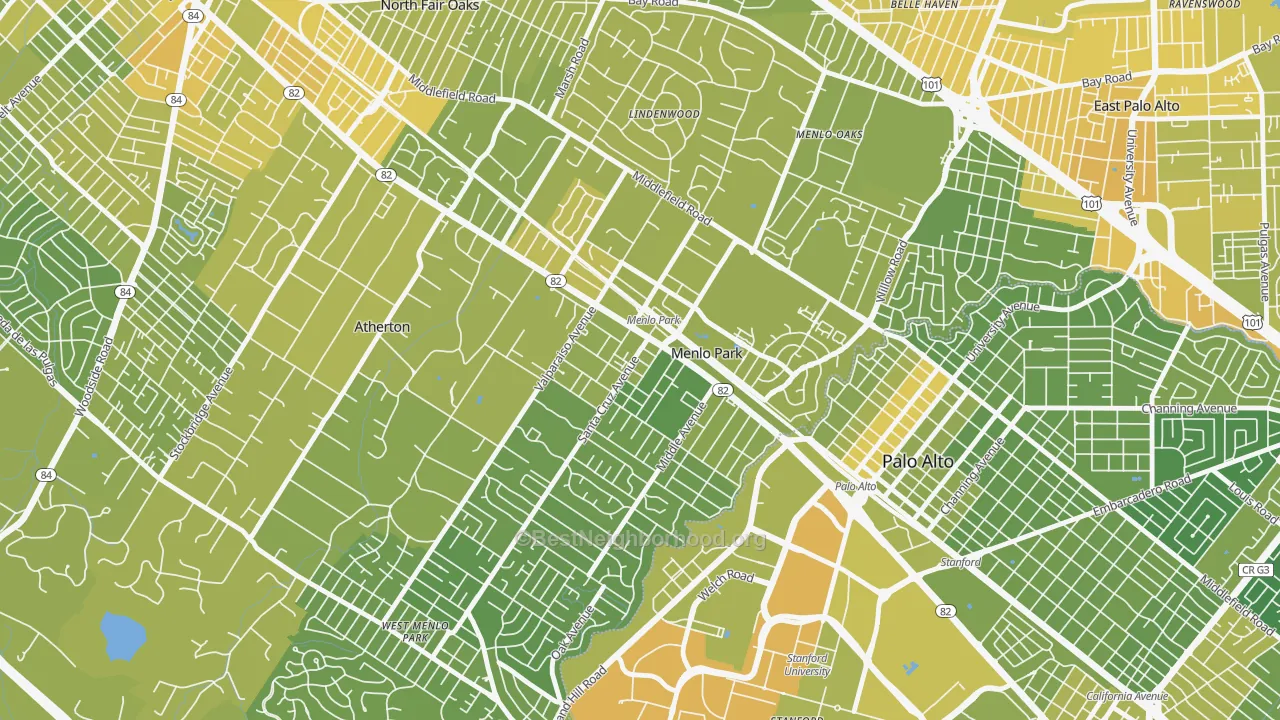 Map of the best neighborhoods in the Downtown Menlo Park, Menlo Park area, with better matches in green and worse matches in red