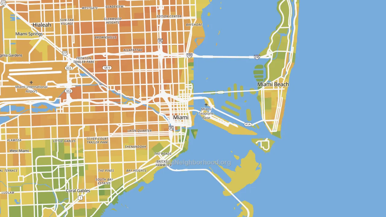 Map of the best neighborhoods in the Downtown Miami, Miami area, with better matches in green and worse matches in red