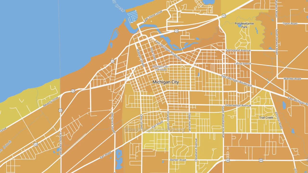 Map of the best neighborhoods in the Downtown Michigan City, Michigan City area, with better matches in green and worse matches in red