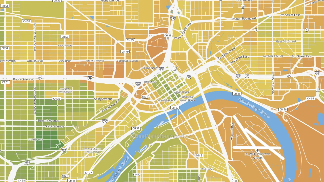 Map of the best neighborhoods in the Downtown Minneapolis, St. Paul area, with better matches in green and worse matches in red