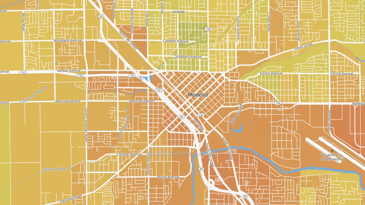 Map of the best neighborhoods in the Downtown Modesto, Modesto area, with better matches in green and worse matches in red