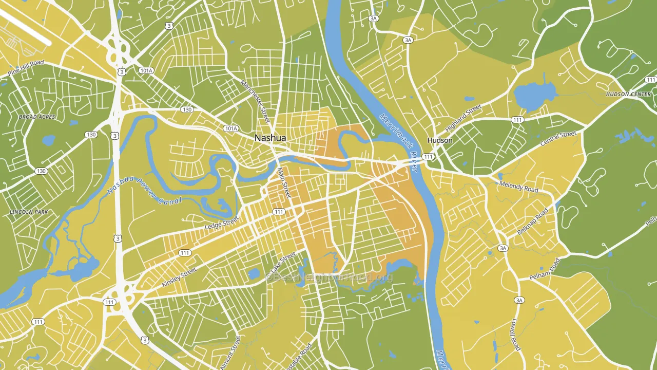 Map of the best neighborhoods in the Downtown Nashua, Nashua area, with better matches in green and worse matches in red
