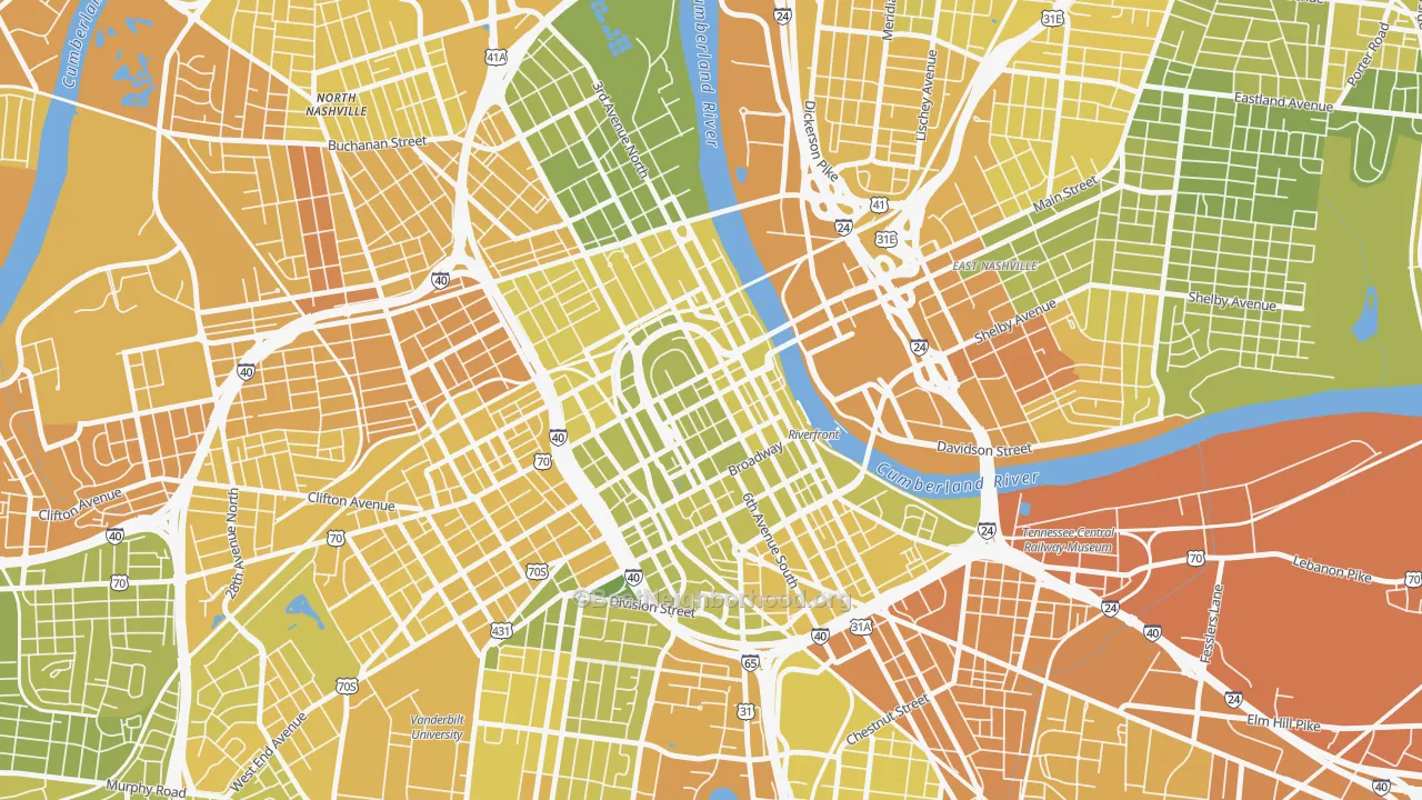 Map of the best neighborhoods in the Downtown Nashville, Nashville area, with better matches in green and worse matches in red