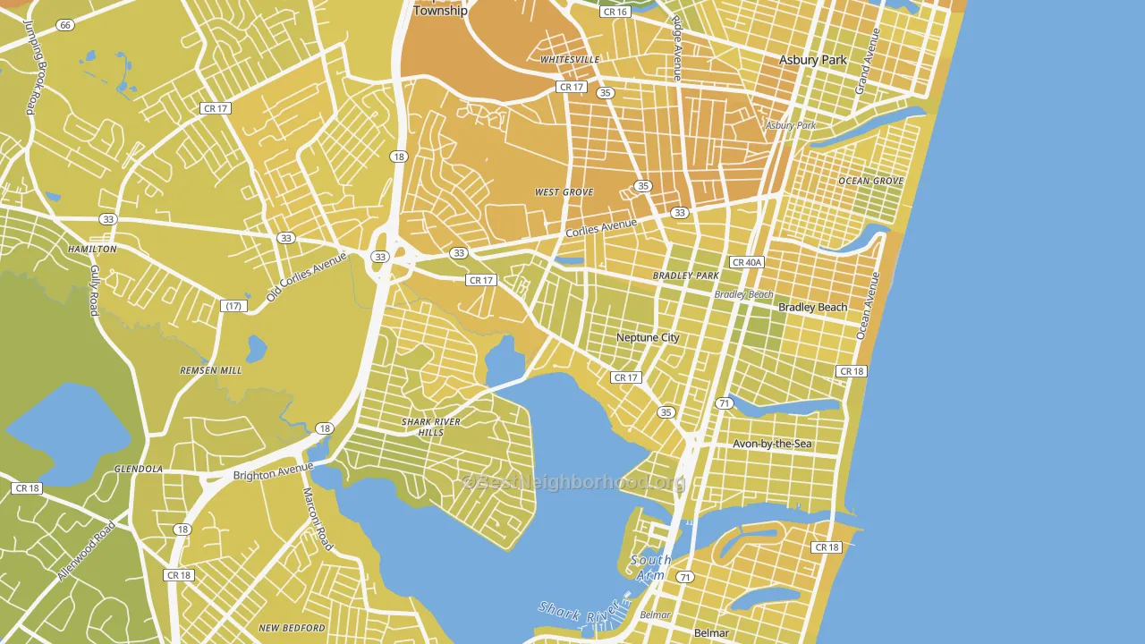 Map of the best neighborhoods in the Downtown Neptune City, Neptune City area, with better matches in green and worse matches in red