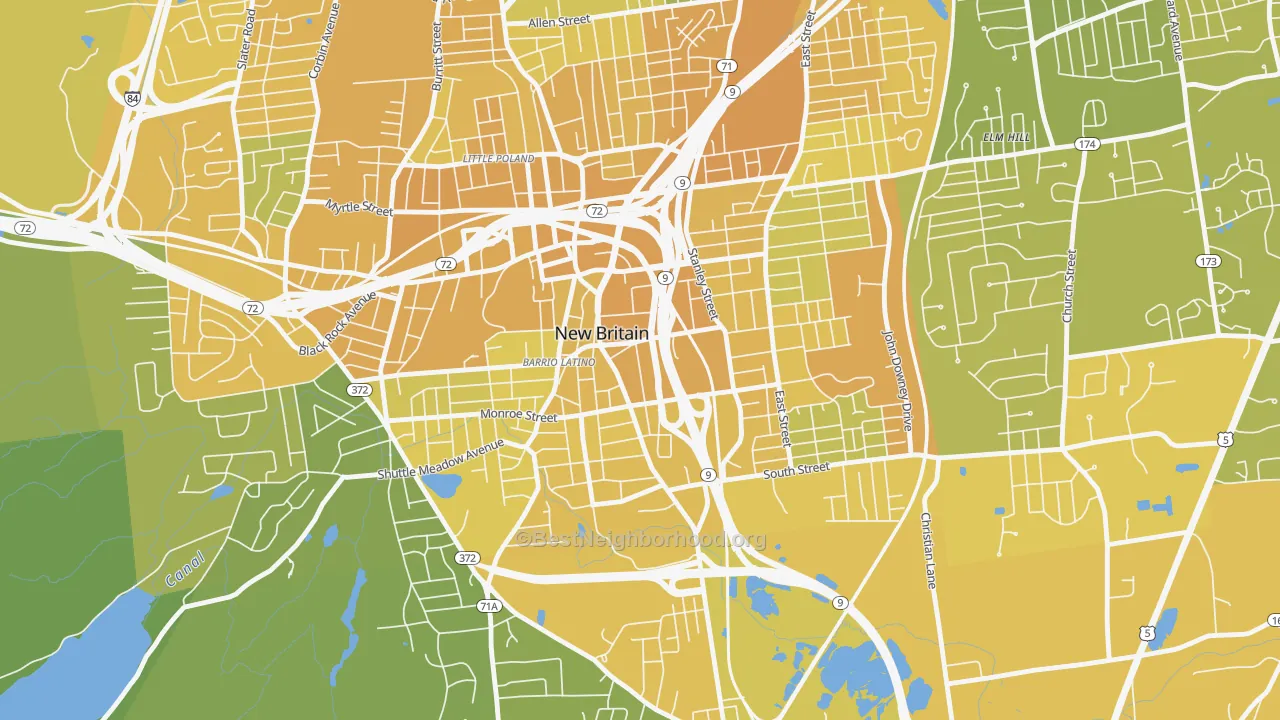 Map of the best neighborhoods in the Downtown New Britain, New Britain area, with better matches in green and worse matches in red