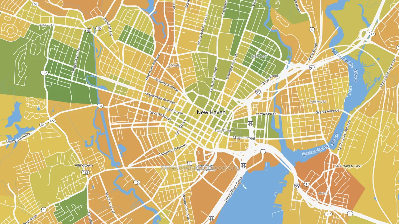 Map of the best neighborhoods in the Downtown New Haven, New Haven area, with better matches in green and worse matches in red
