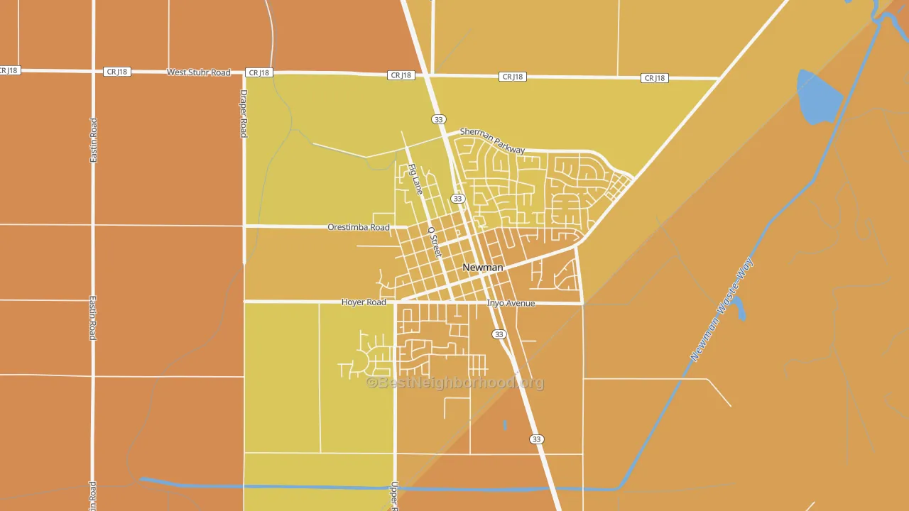 Map of the best neighborhoods in the Downtown Newman, Newman area, with better matches in green and worse matches in red