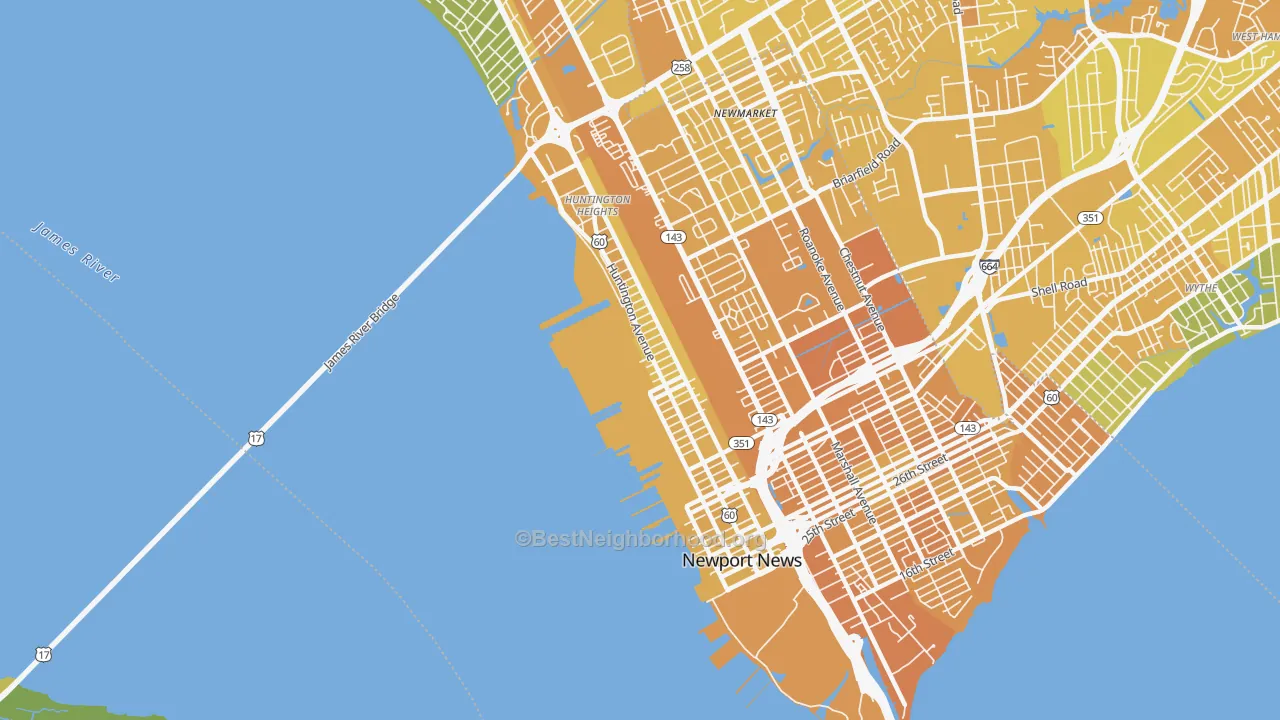 Map of the best neighborhoods in the Downtown Newport News, Newport News area, with better matches in green and worse matches in red
