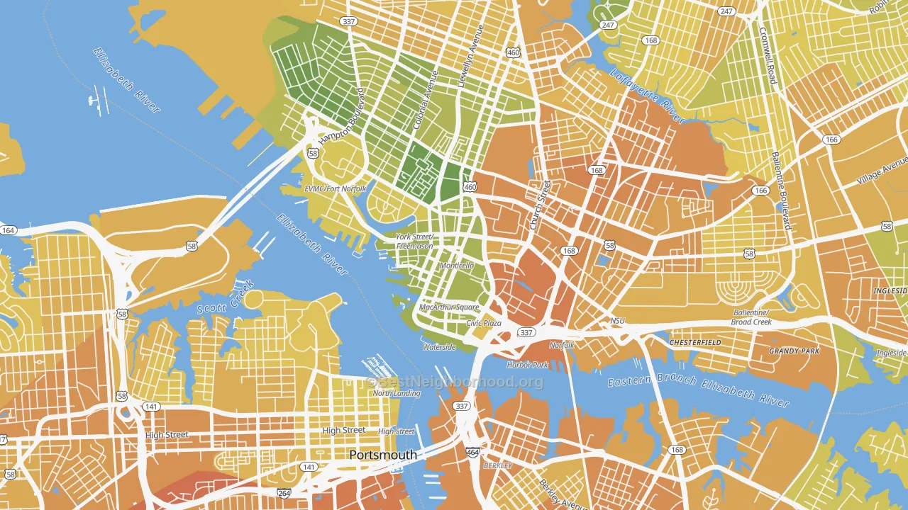 Map of the best neighborhoods in the Downtown Norfolk, Norfolk area, with better matches in green and worse matches in red