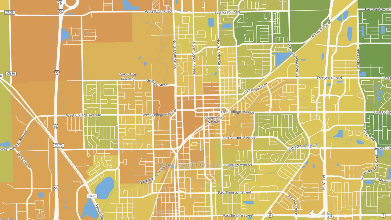 Map of the best neighborhoods in the Downtown Normal, Normal area, with better matches in green and worse matches in red