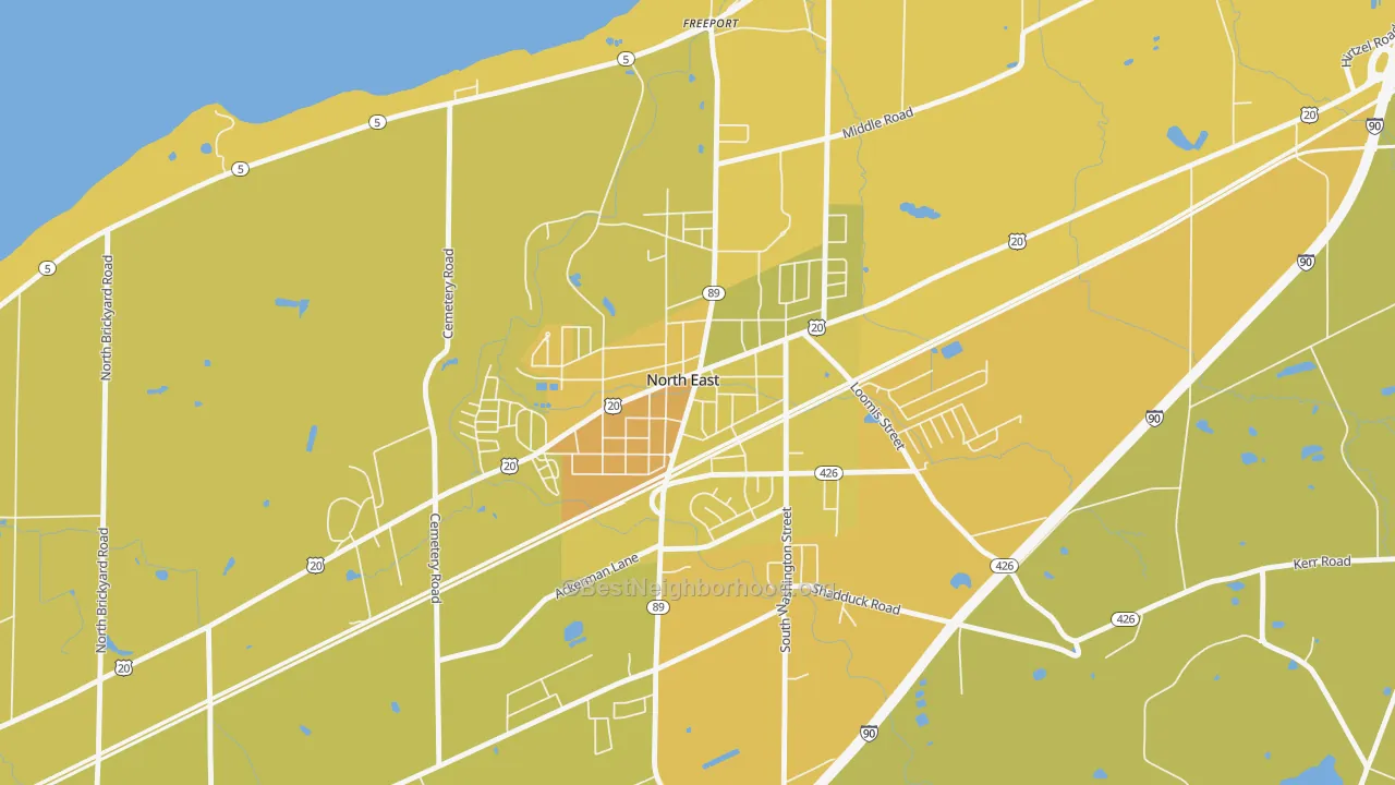 Map of the best neighborhoods in the Downtown North East, North East area, with better matches in green and worse matches in red