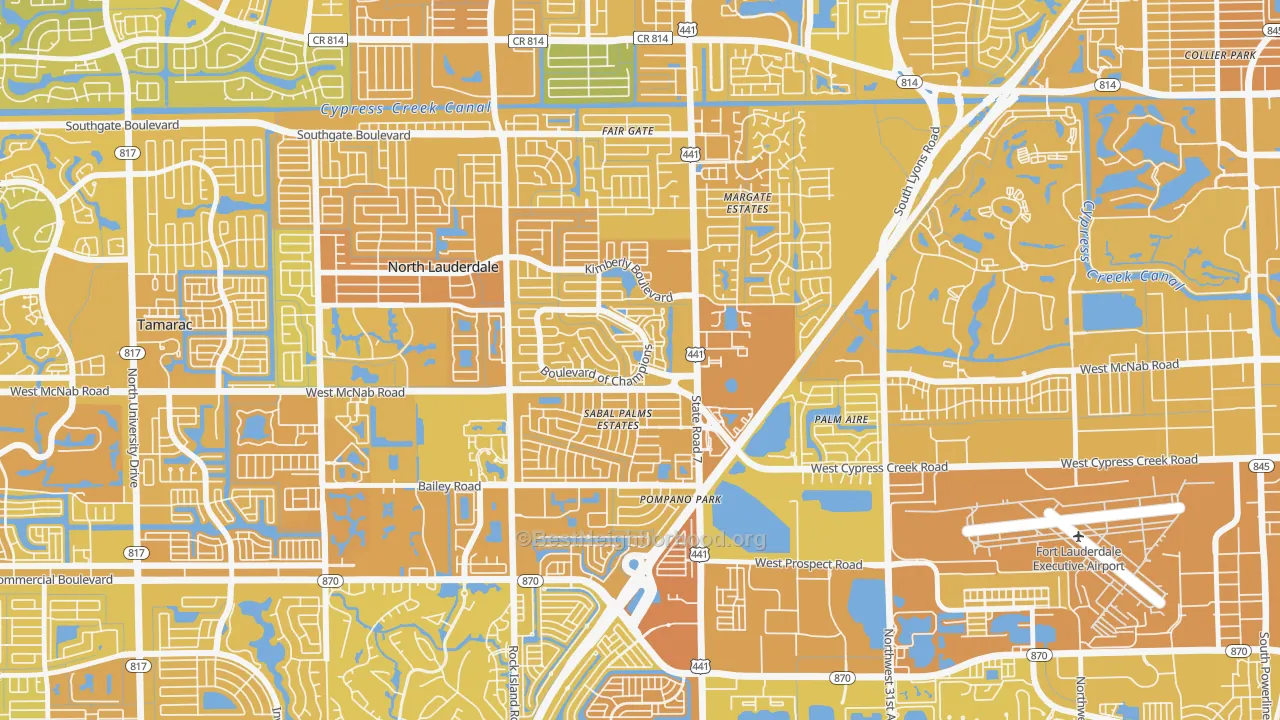 Map of the best neighborhoods in the Downtown North Lauderdale, North Lauderdale area, with better matches in green and worse matches in red