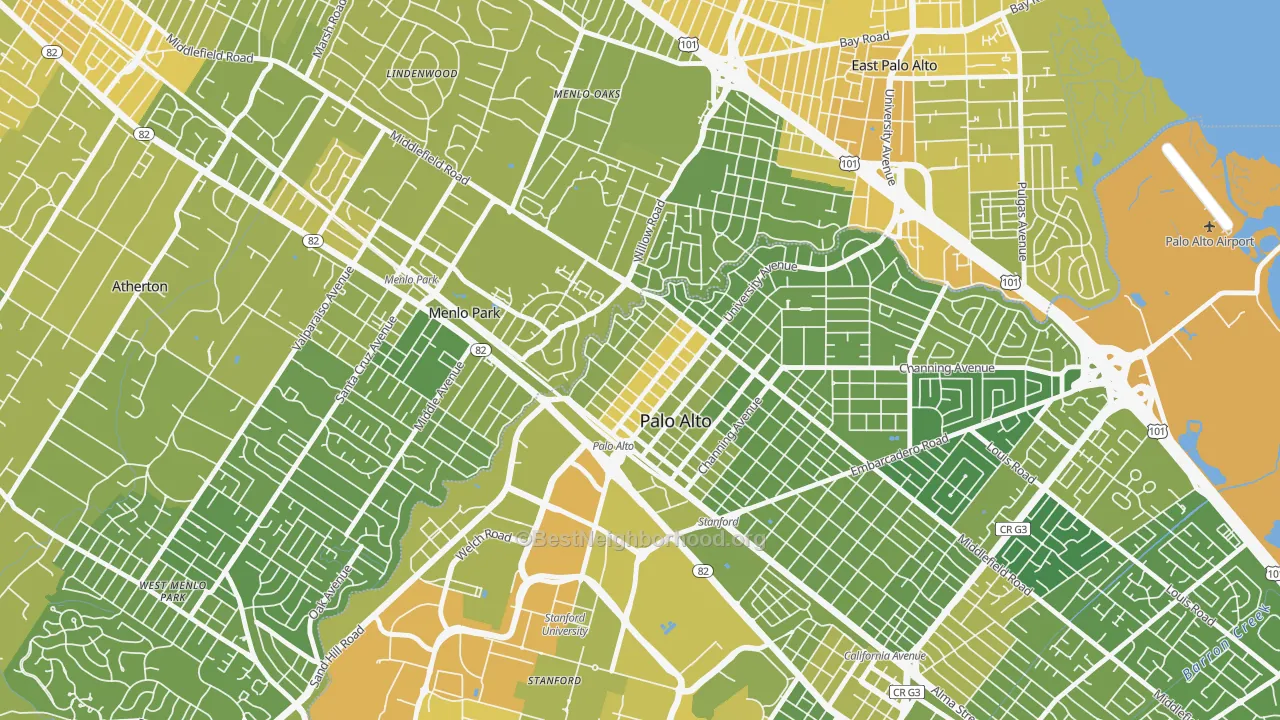 Map of the best neighborhoods in the Downtown North San Jose, Palo Alto area, with better matches in green and worse matches in red