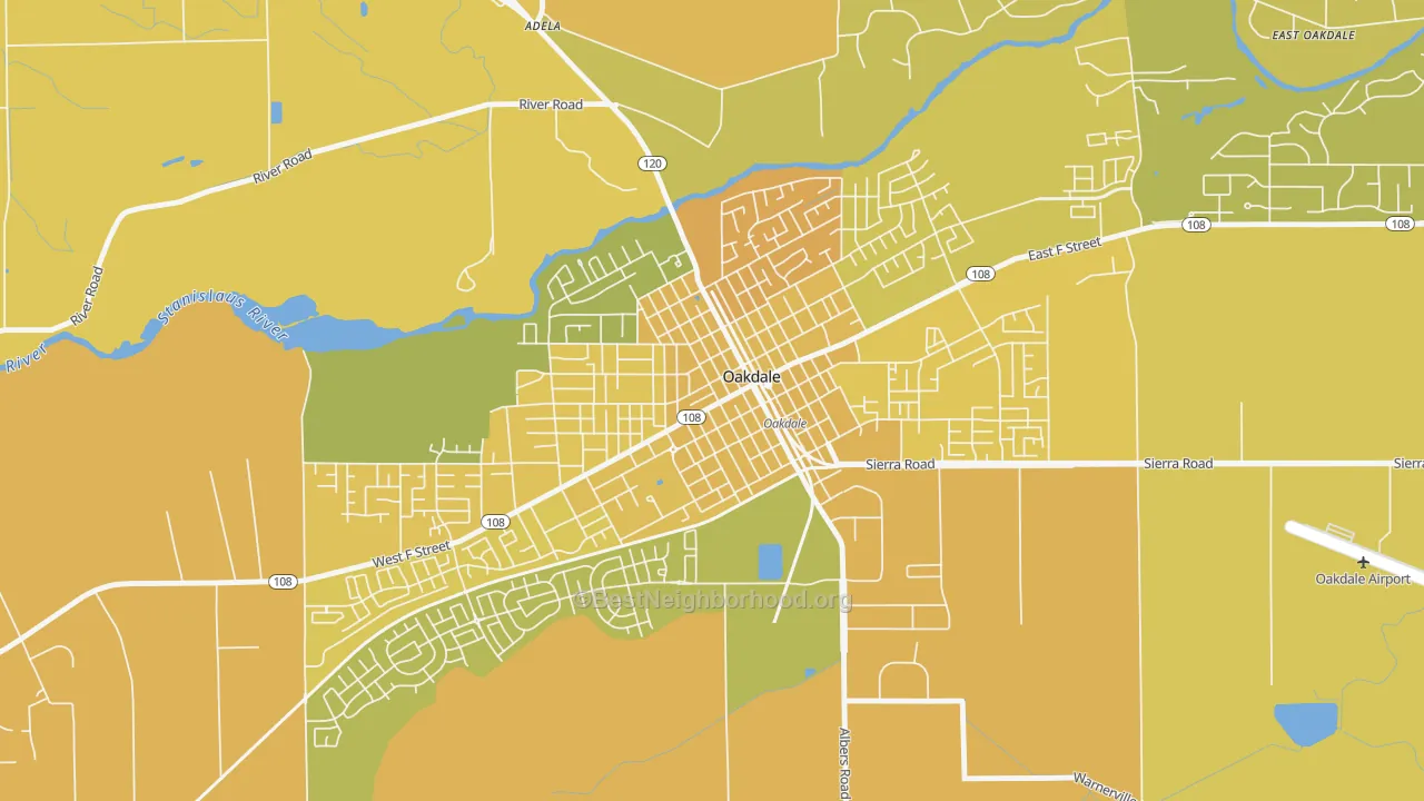 Map of the best neighborhoods in the Downtown Oakdale, Oakdale area, with better matches in green and worse matches in red