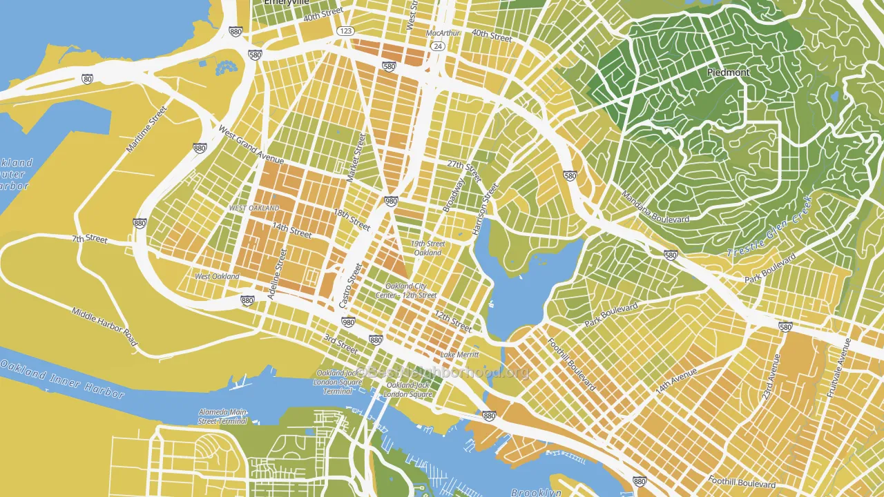 Map of the best neighborhoods in the Downtown Oakland, Oakland area, with better matches in green and worse matches in red