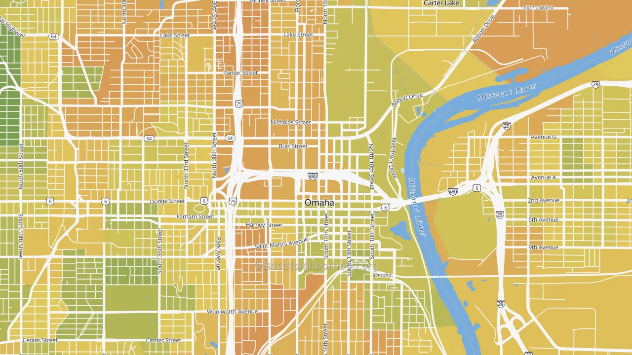 Map of the best neighborhoods in the Downtown Omaha, Omaha area, with better matches in green and worse matches in red
