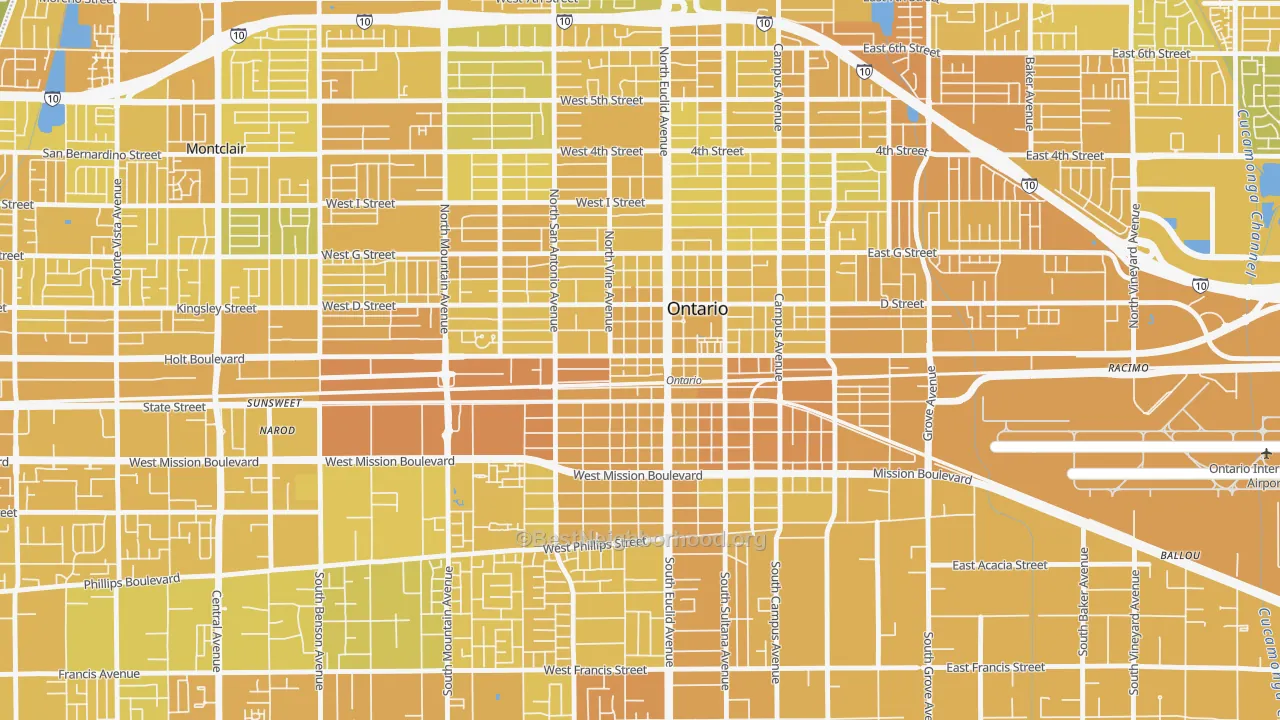 Map of the best neighborhoods in the Downtown Ontario, Ontario area, with better matches in green and worse matches in red