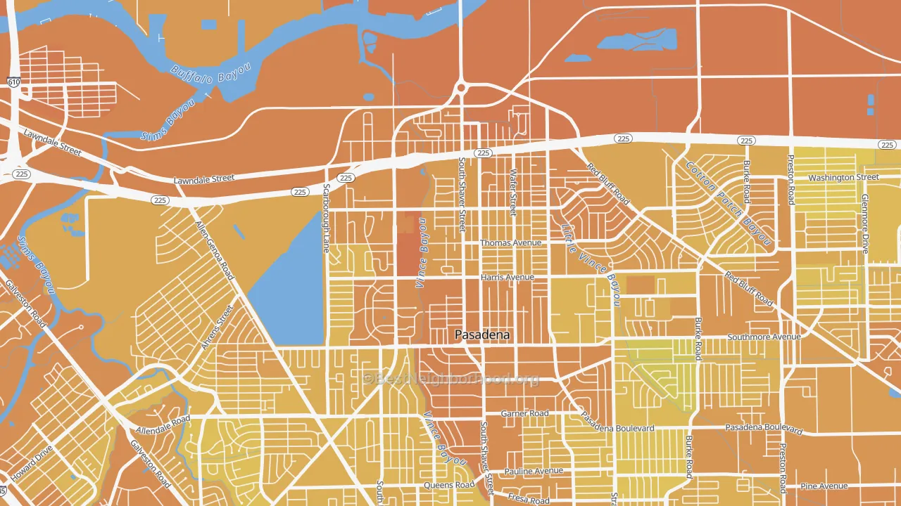 Map of the best neighborhoods in the Downtown Pasadena, Pasadena area, with better matches in green and worse matches in red