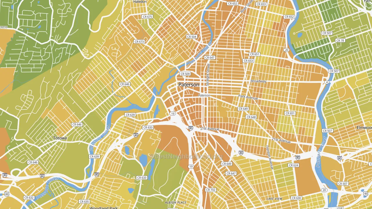 Map of the best neighborhoods in the Downtown Paterson, Paterson area, with better matches in green and worse matches in red