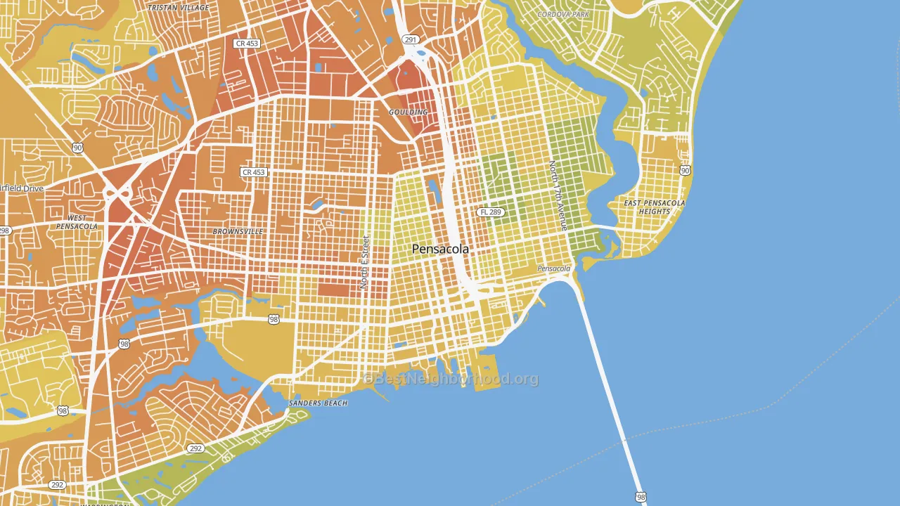 Map of the best neighborhoods in the Downtown Pensacola, Pensacola area, with better matches in green and worse matches in red