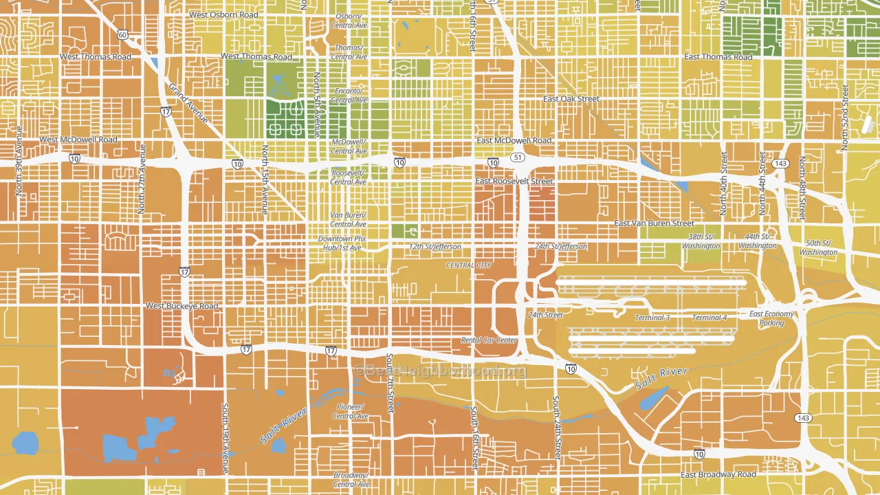 Map of the best neighborhoods in the Downtown Phoenix, Phoenix area, with better matches in green and worse matches in red