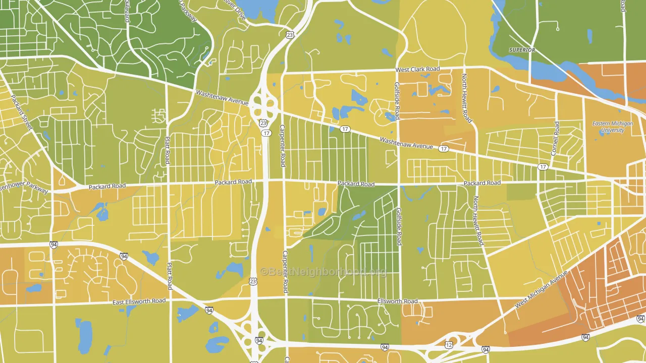 Map of the best neighborhoods in the Downtown Pittsfield, Ann Arbor area, with better matches in green and worse matches in red