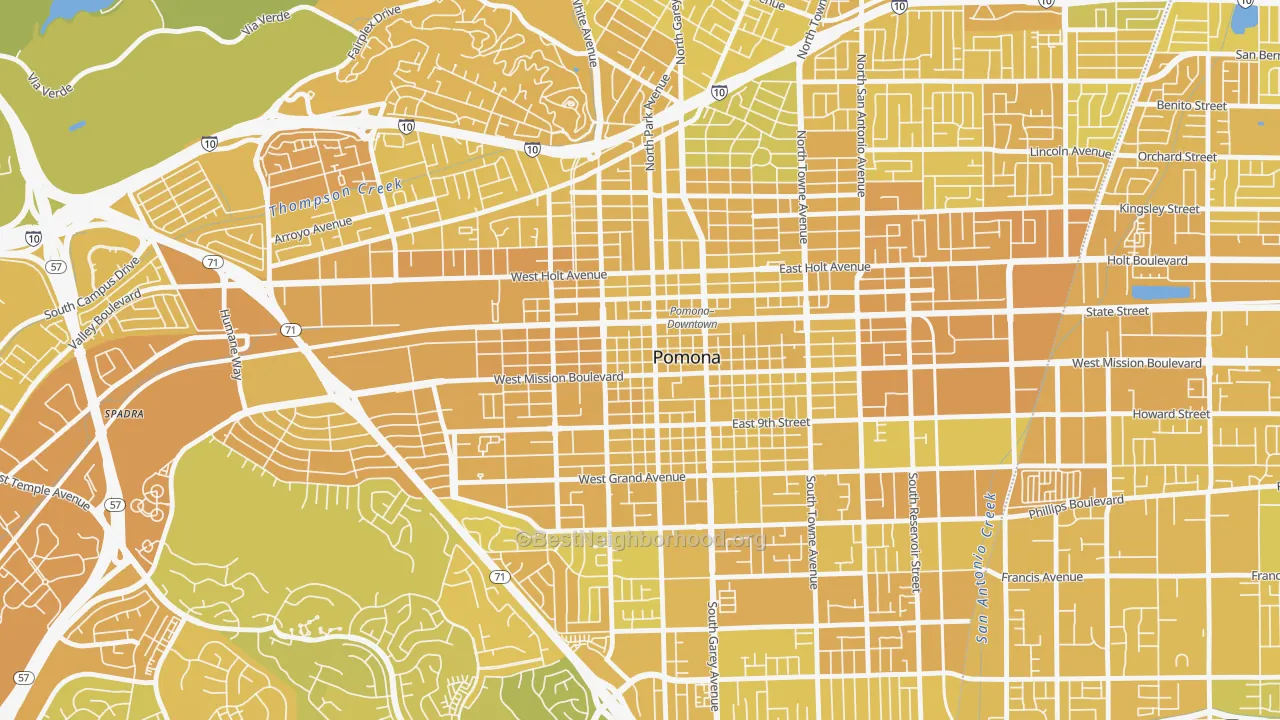 Map of the best neighborhoods in the Downtown Pomona, Pomona area, with better matches in green and worse matches in red