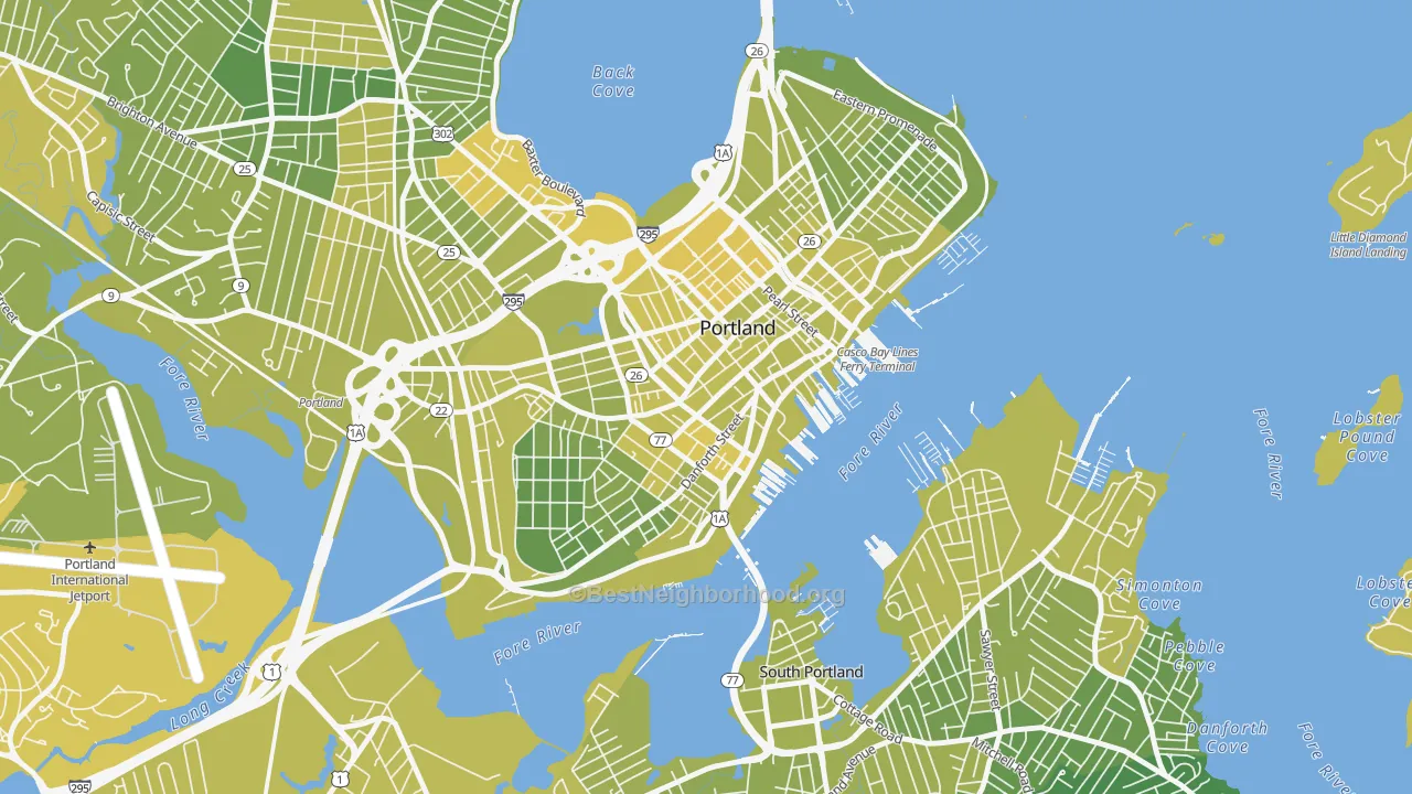 Map of the best neighborhoods in the Downtown, Portland area, with better matches in green and worse matches in red