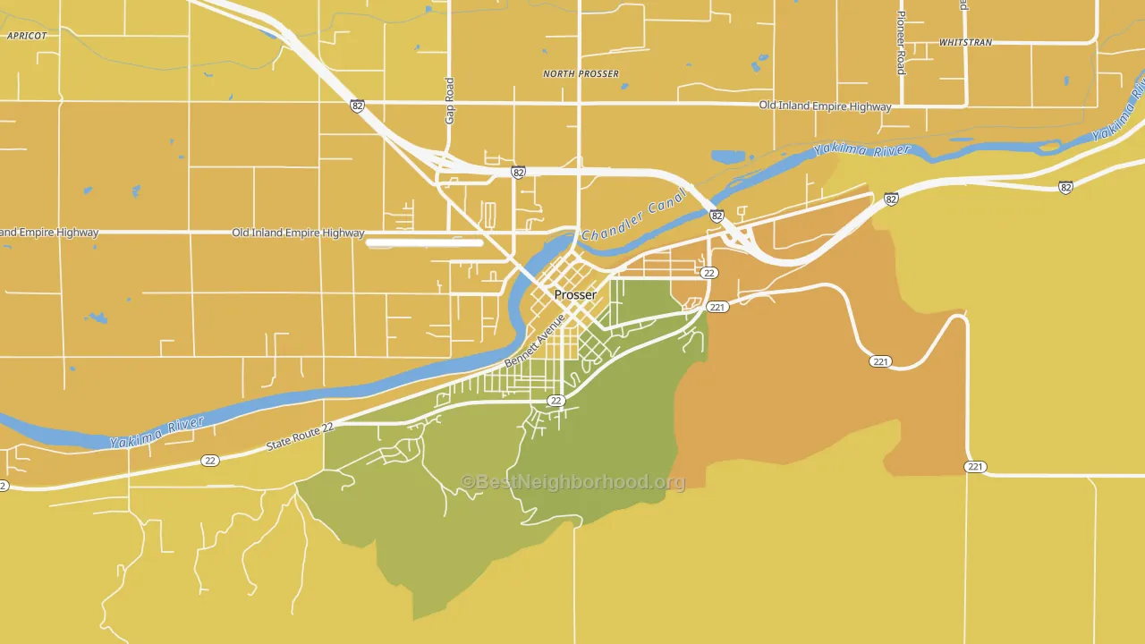 Map of the best neighborhoods in the Downtown, Prosser area, with better matches in green and worse matches in red