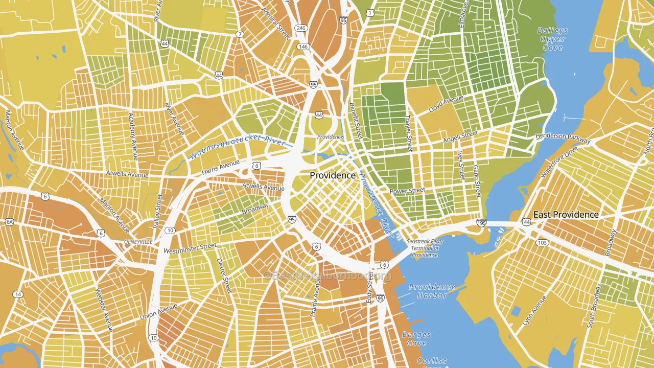 Map of the best neighborhoods in the Downtown, Providence area, with better matches in green and worse matches in red