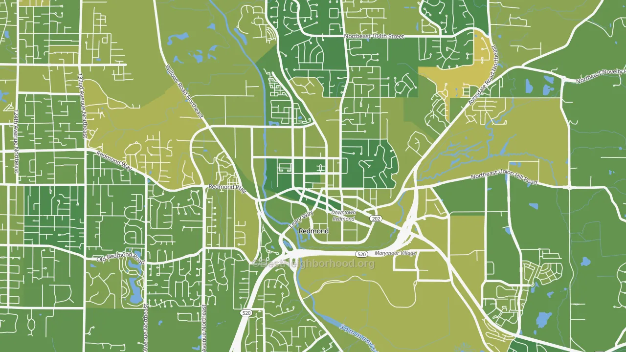 Map of the best neighborhoods in the Downtown Redmond, Redmond area, with better matches in green and worse matches in red