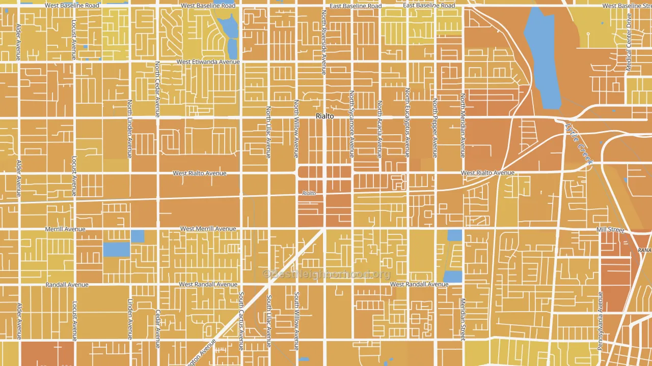 Map of the best neighborhoods in the Downtown Rialto, Rialto area, with better matches in green and worse matches in red