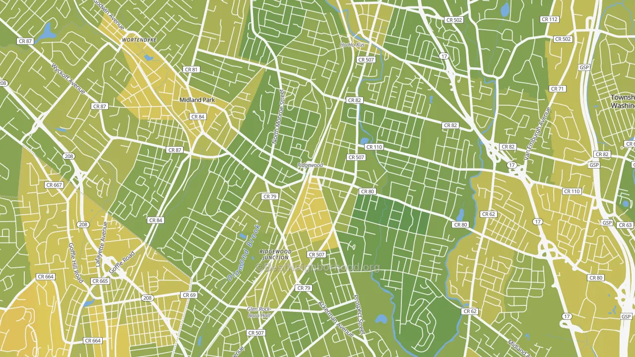 Map of the best neighborhoods in the Downtown Ridgewood, Ridgewood area, with better matches in green and worse matches in red