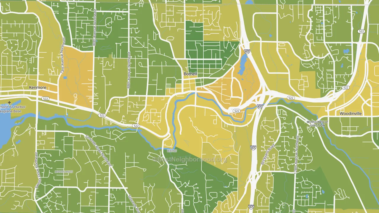 Map of the best neighborhoods in the Downtown Riverfront-190th, Bothell area, with better matches in green and worse matches in red