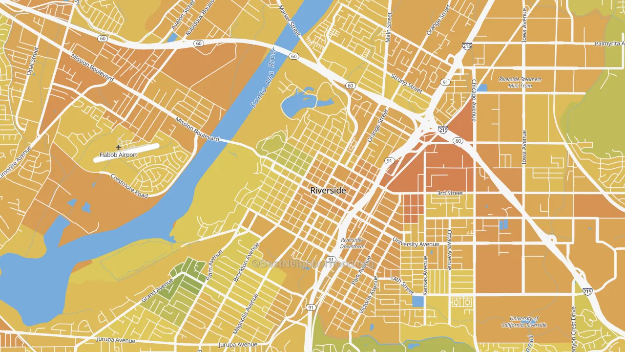 Map of the best neighborhoods in the Downtown Riverside, Riverside area, with better matches in green and worse matches in red