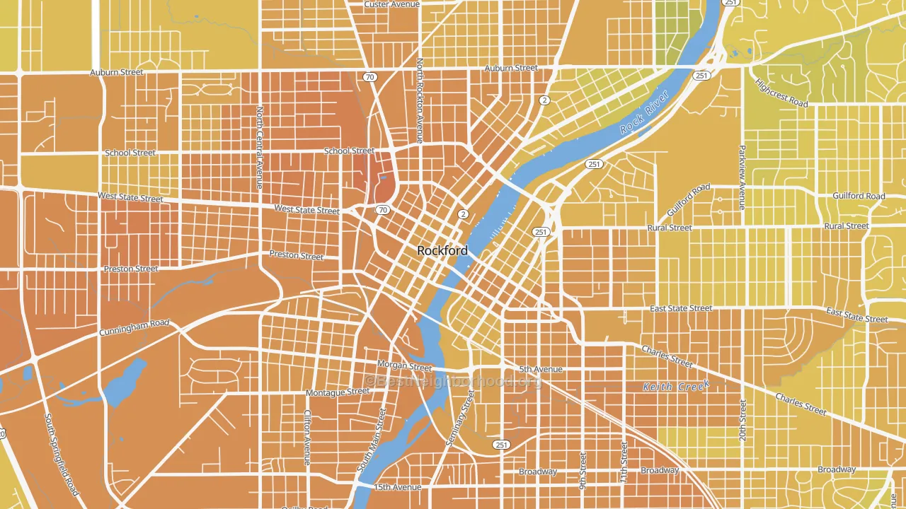 Map of the best neighborhoods in the Downtown Rockford, Rockford area, with better matches in green and worse matches in red