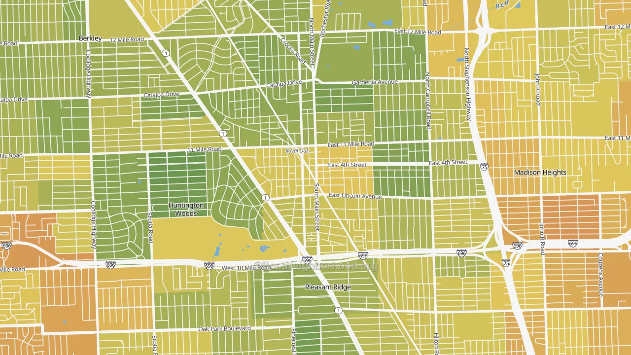 Map of the best neighborhoods in the Downtown Royal Oak, Royal Oak area, with better matches in green and worse matches in red