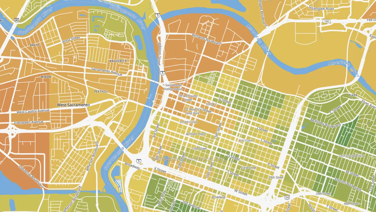 Map of the best neighborhoods in the Downtown Sacramento, Sacramento area, with better matches in green and worse matches in red