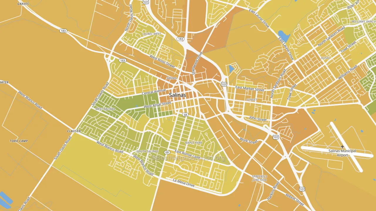 Map of the best neighborhoods in the Downtown Salinas, Salinas area, with better matches in green and worse matches in red