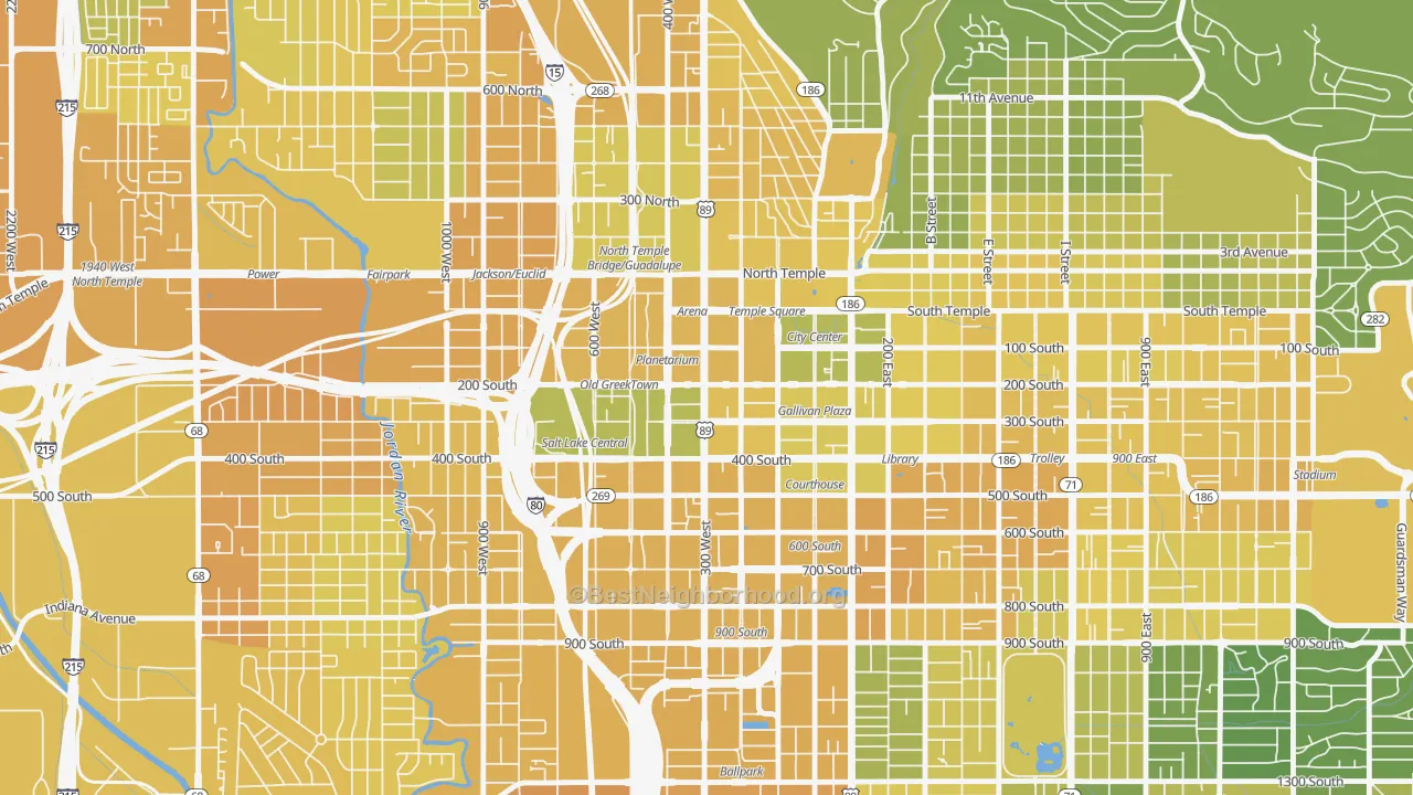 Map of the best neighborhoods in the Downtown, Salt Lake City area, with better matches in green and worse matches in red