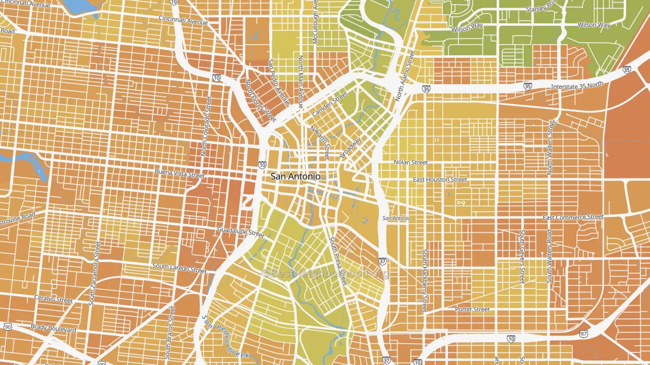 Map of the best neighborhoods in the Downtown San Antonio, San Antonio area, with better matches in green and worse matches in red