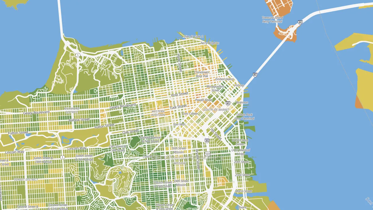 Map of the best neighborhoods in the Downtown San Francisco, San Francisco area, with better matches in green and worse matches in red