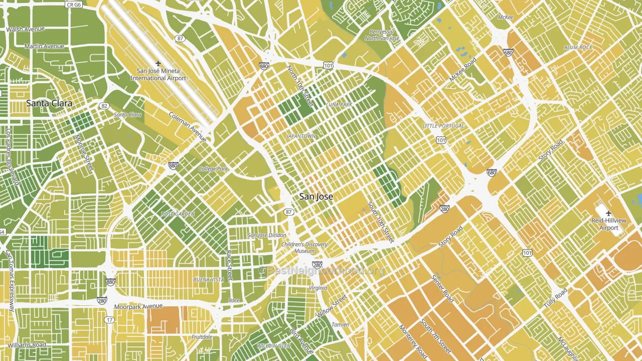 Map of the best neighborhoods in the Downtown San Jose, San Jose area, with better matches in green and worse matches in red