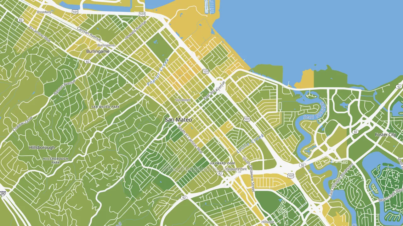 Map of the best neighborhoods in the Downtown San Mateo, San Mateo area, with better matches in green and worse matches in red