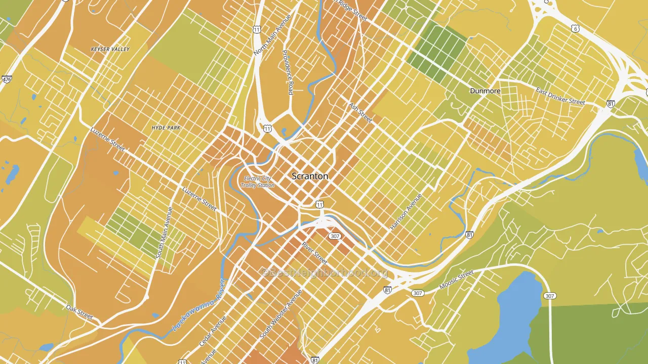 Map of the best neighborhoods in the Downtown, Scranton area, with better matches in green and worse matches in red